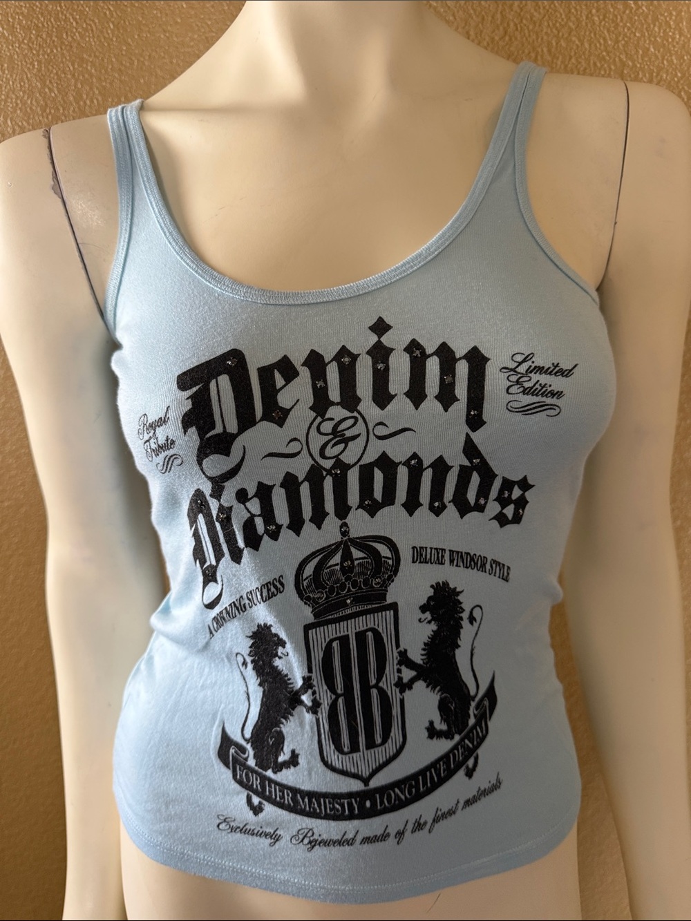 Y2K Vintage Bejeweled Denim & Diamonds Women's Light Blue Graphic Tank Top